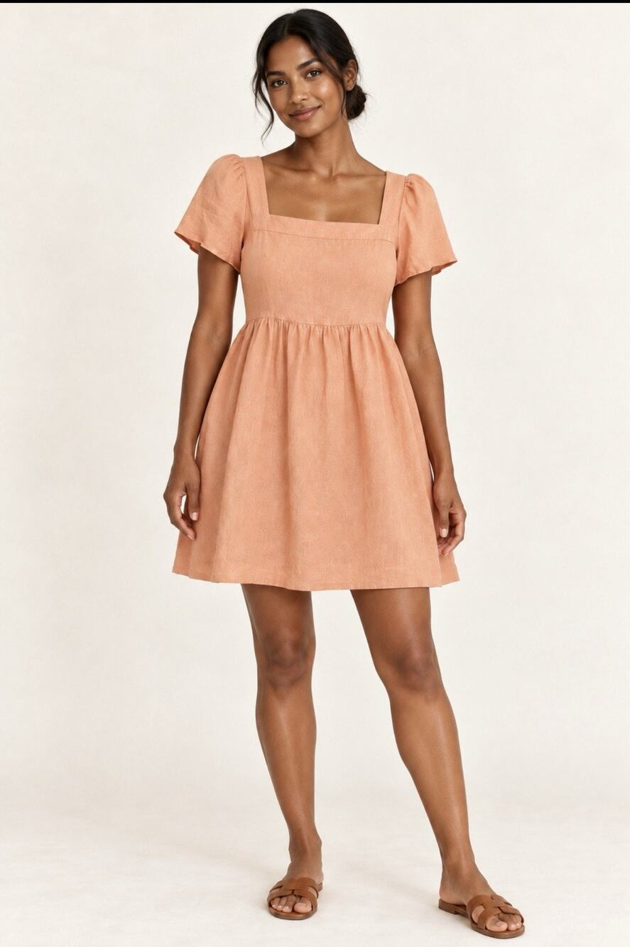 Madewell XXS Peach Linen Blend Square Neck Puff Sleeve Babydoll Mini Dress